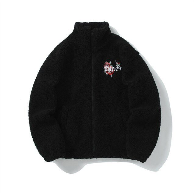 Concentrate Collective Streetwear -Sheep Fur Flower Embroidery Zip Up Thermal Jacket